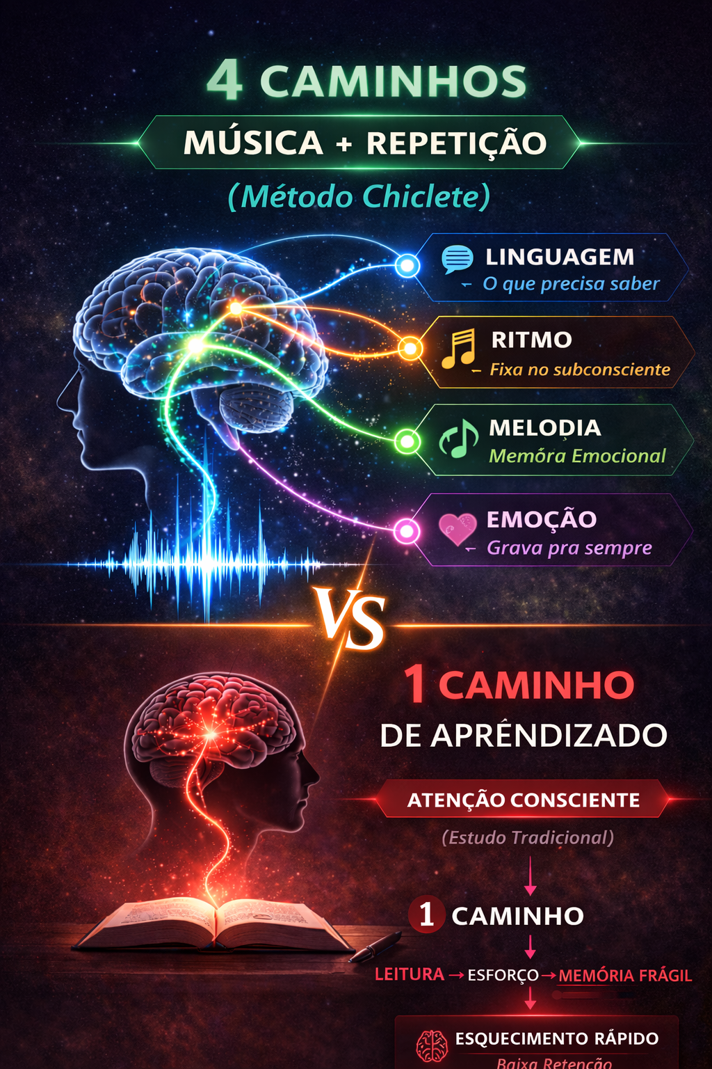 4 caminhos de memorização vs 1 caminho de aprendizado
